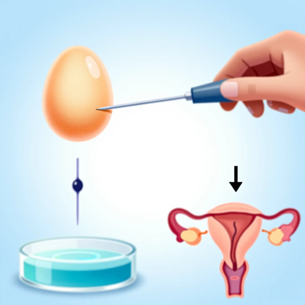 Step-by-step illustration of the IVF process including egg retrieval, lab fertilization, and embryo transfer