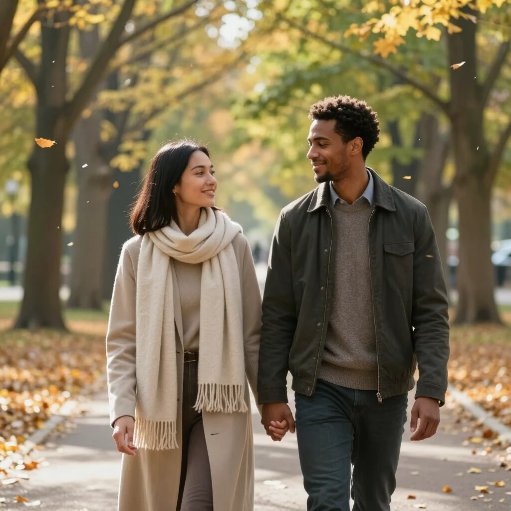 Couple walking together in an autumn park, symbolizing supportive partnership during challenges
