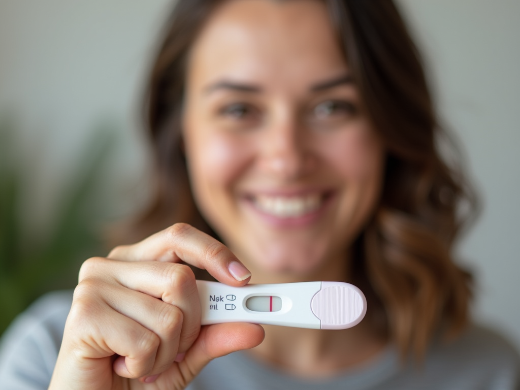 Woman smiling at a positive pregnancy test.