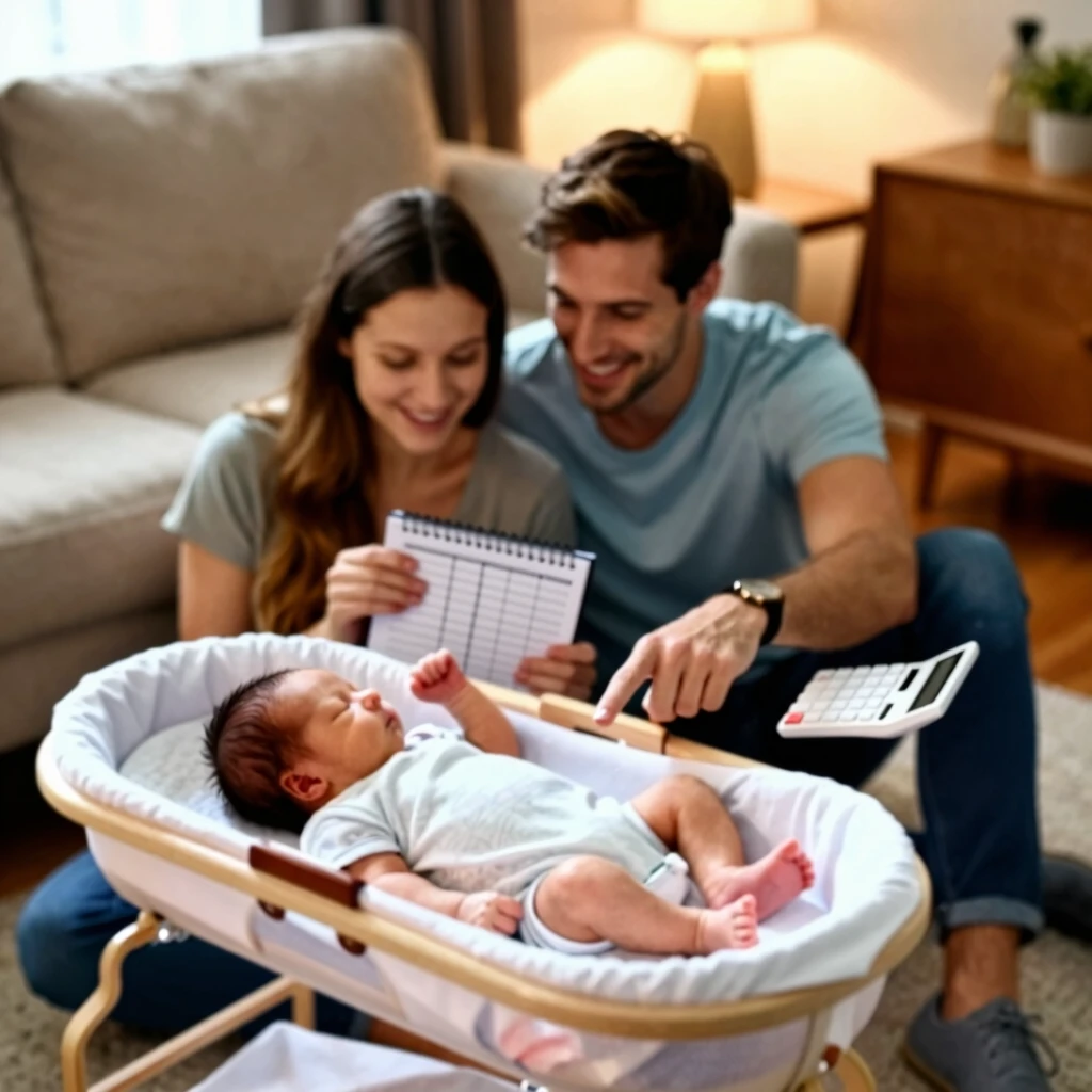 New parents collaborating on their family budget in a warm home setting