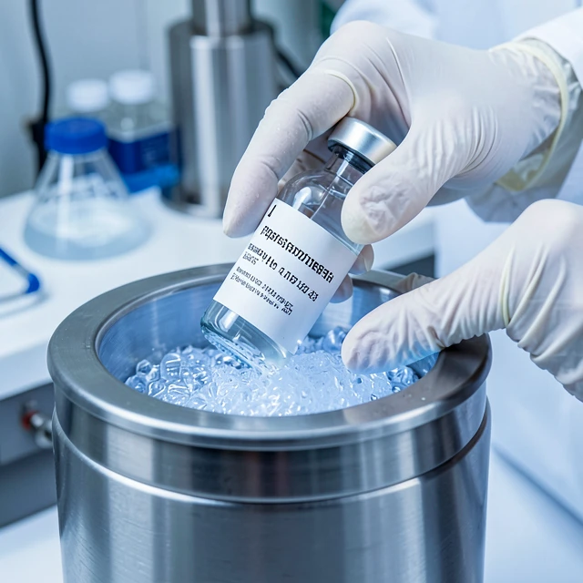 Frozen sperm vial being stored in liquid nitrogen tank