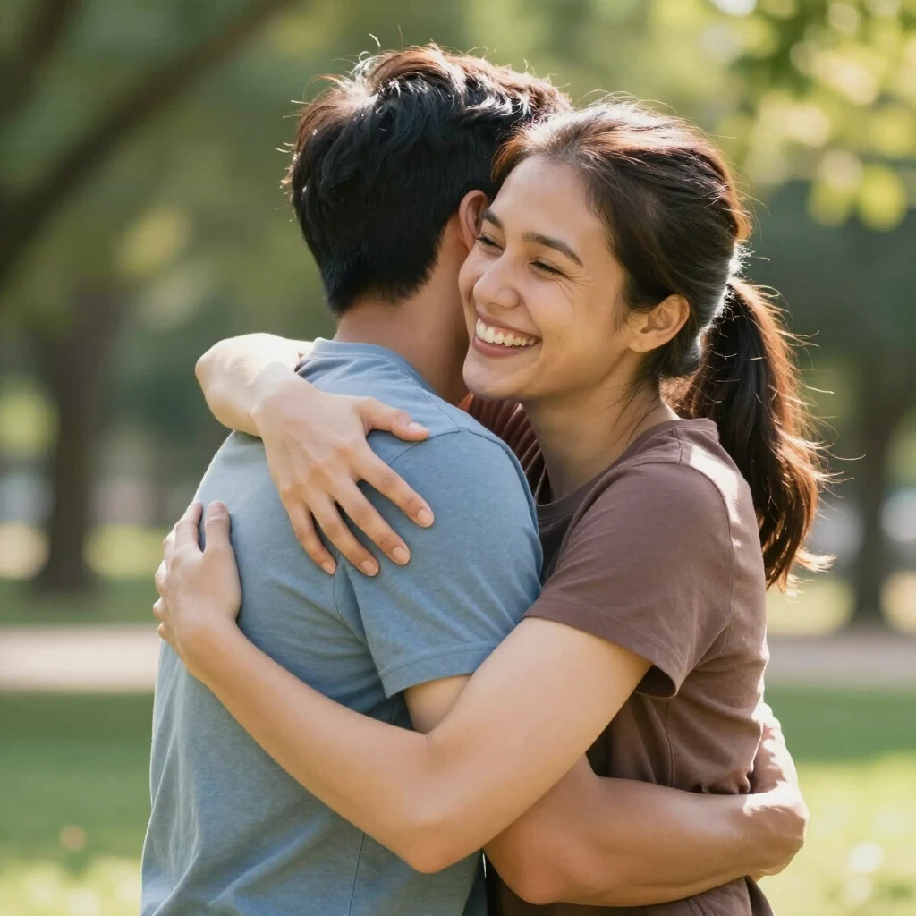 Happy couple embracing in park, symbolizing hope and success after infertility struggles