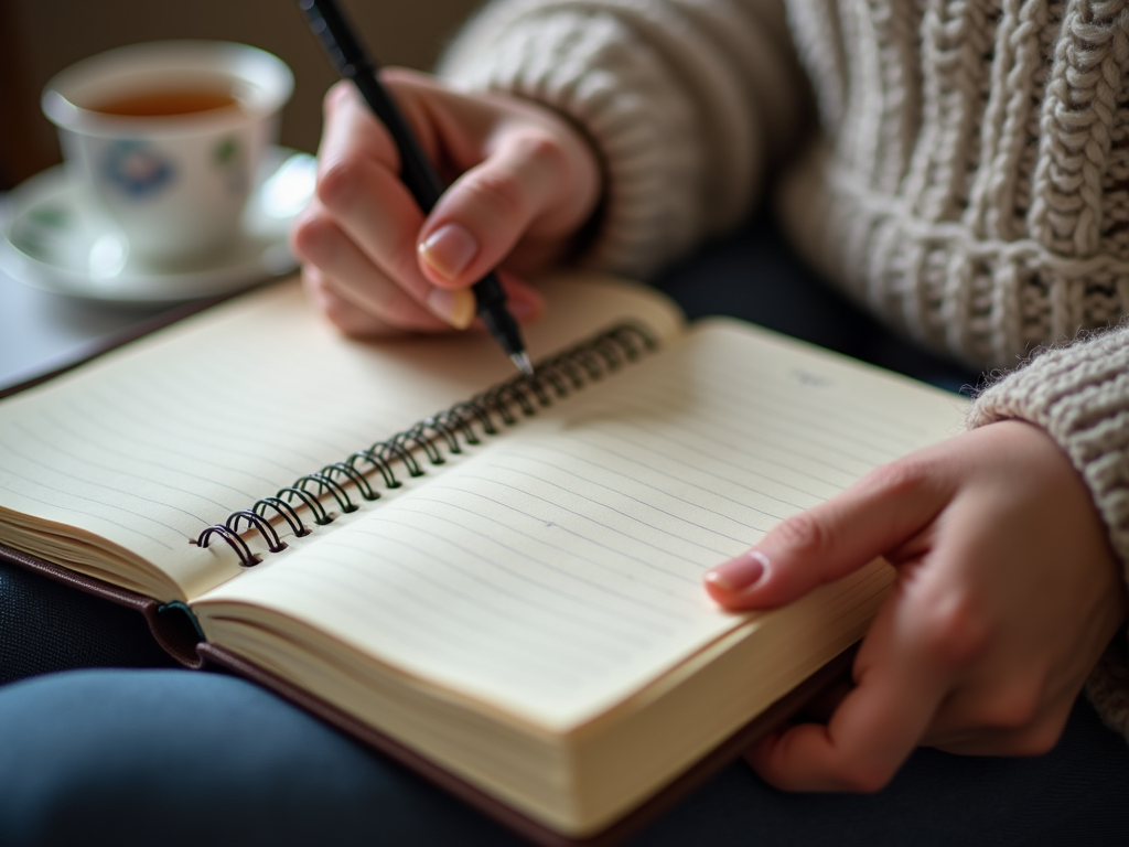 A person writes in their journal while enjoying a cup of tea, practicing self-care.