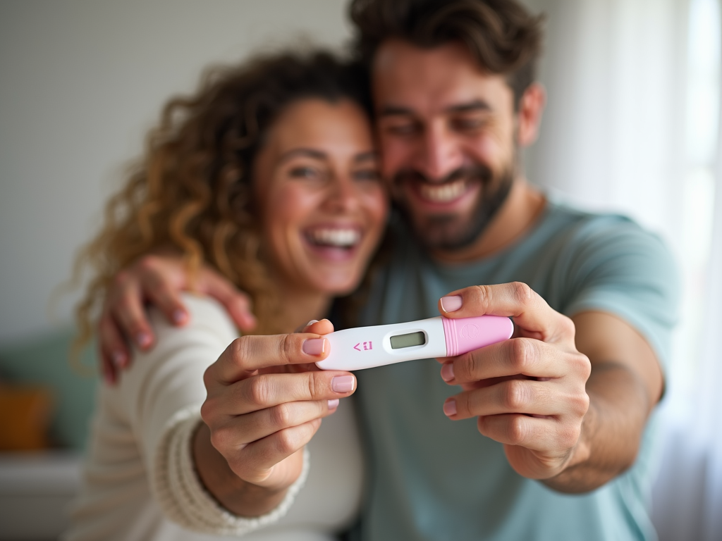 Couple celebrating positive pregnancy test