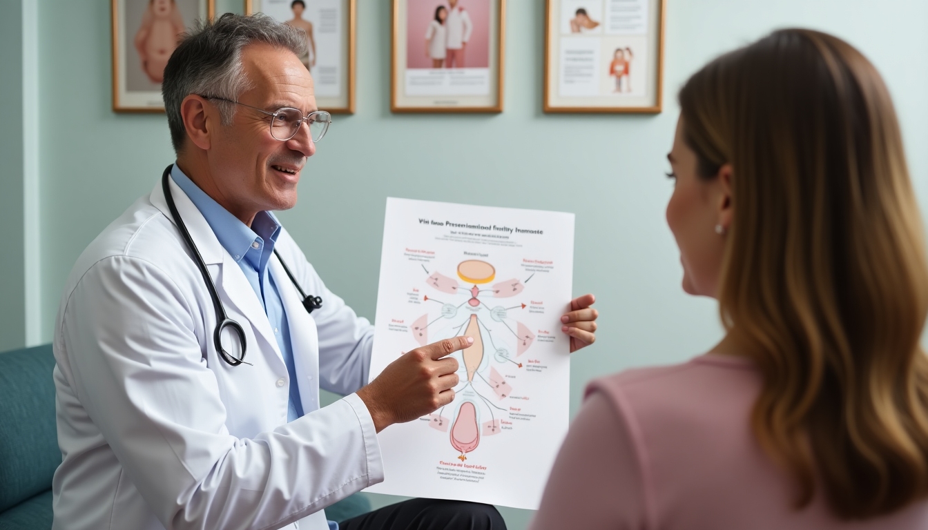 A medical professional explaining fertility preservation techniques to a patient.