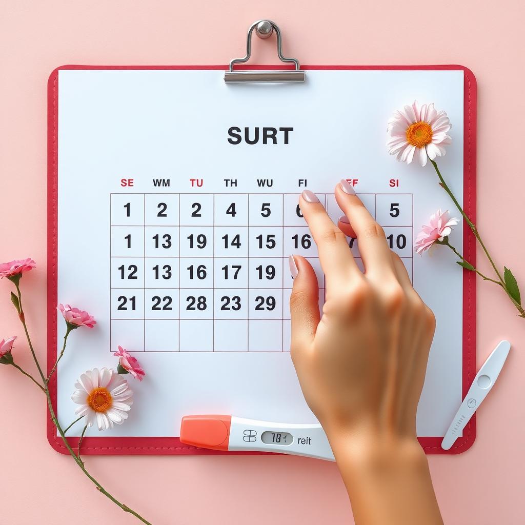 A woman's hand marks a date on a calendar, with flowers and a pregnancy test symbolizing fertility.