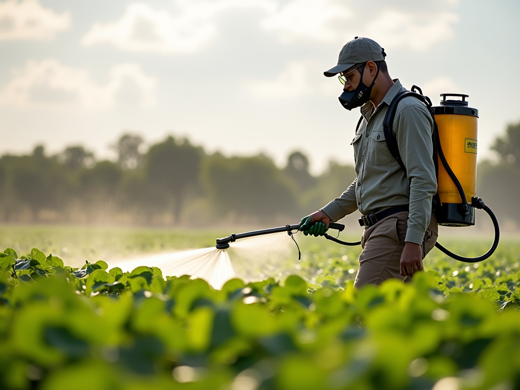 Farmer applying pesticides, a source of environmental toxins.