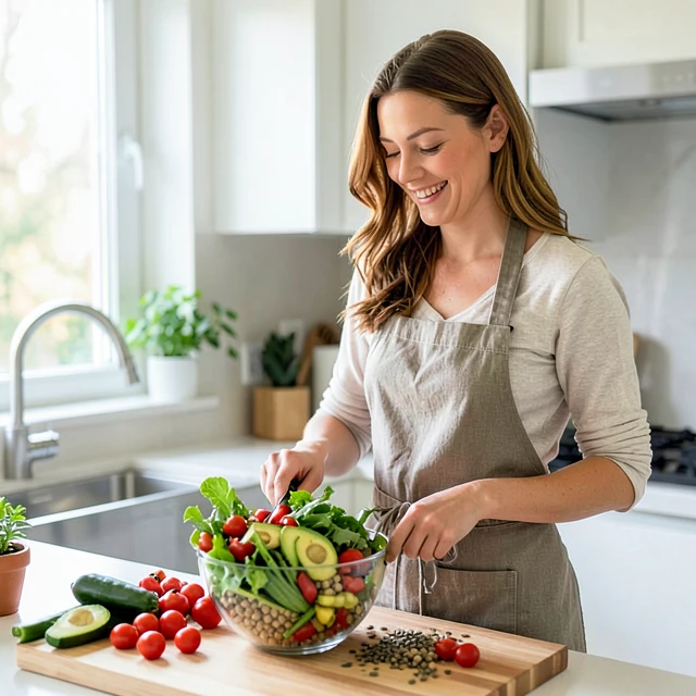 Woman preparing a fresh hormone-friendly salad in a sunny kitchen