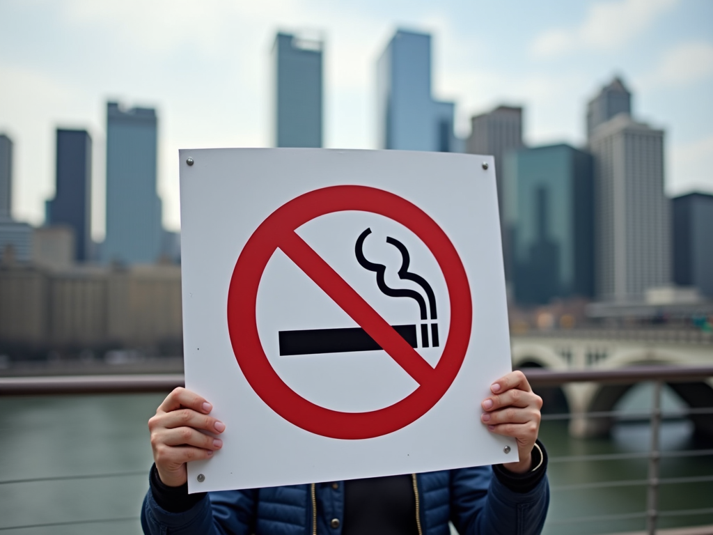 A person holding a red 'No Smoking' sign outdoors with a city skyline in the background.
