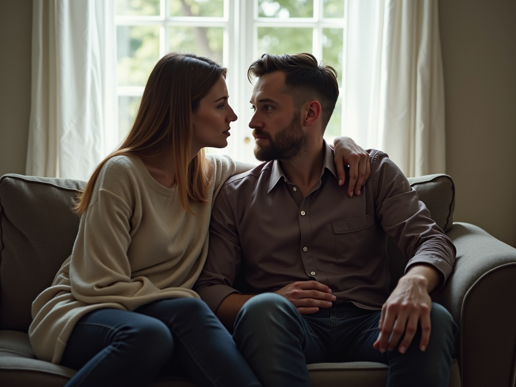 Couple discussing the emotional side of sperm banking at home.