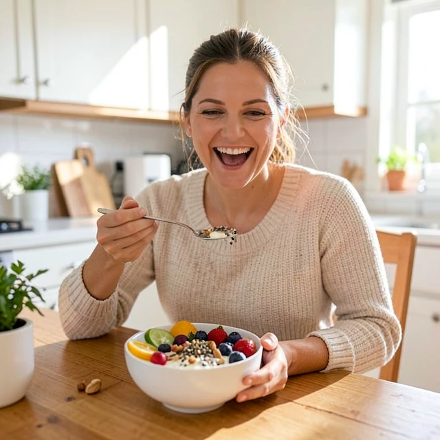 Woman eating a nutritious breakfast with yogurt, berries, and nuts for fertility support
