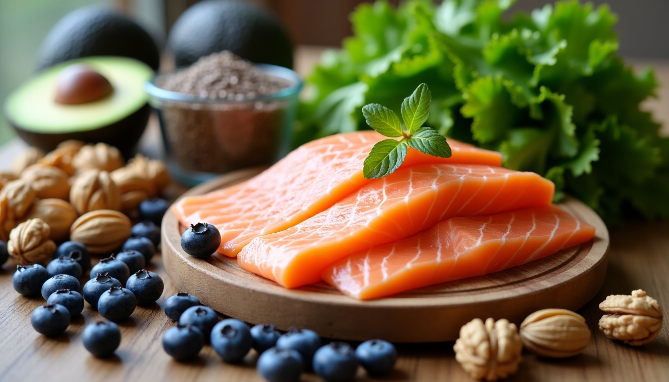 Variety of healthy foods, including fruits, vegetables, nuts, and fish, on a kitchen table.
