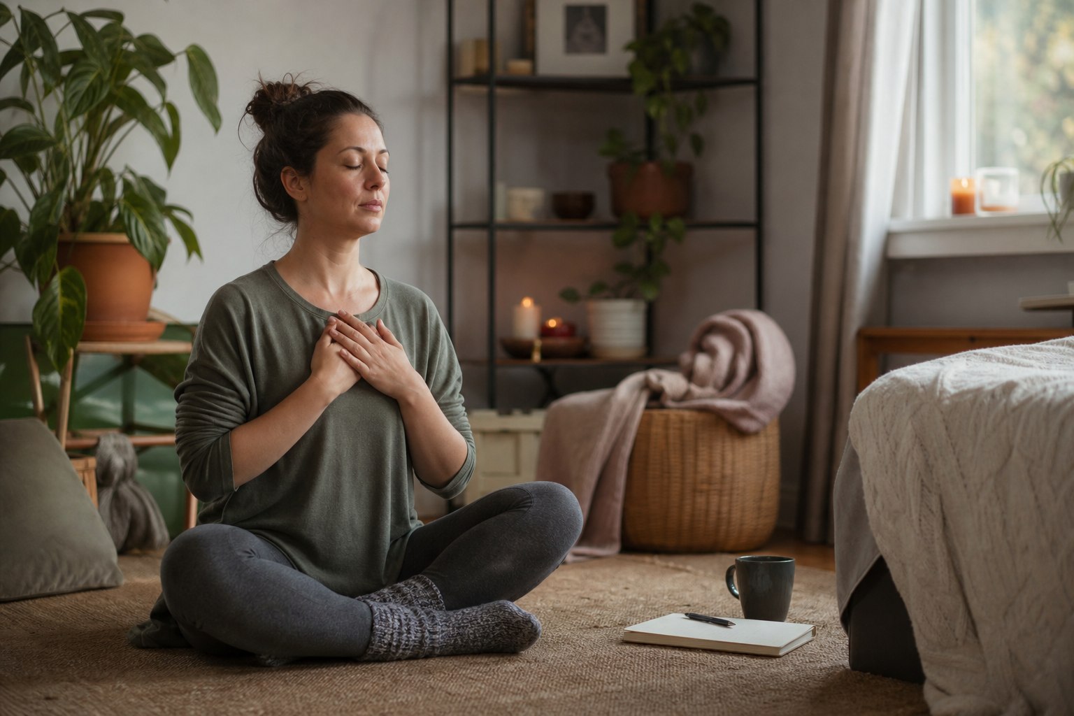 Woman practicing self-care and meditation during her fertility journey