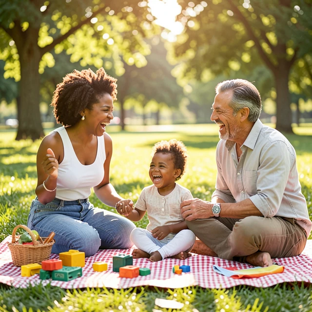 Happy family enjoying a day in the park after fertility journey