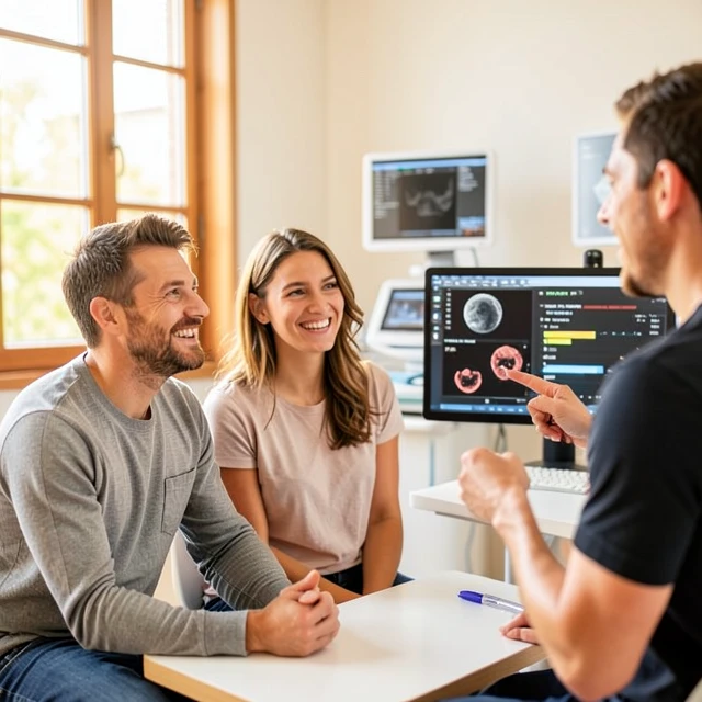 Hopeful couple consulting with a fertility specialist in a modern clinic