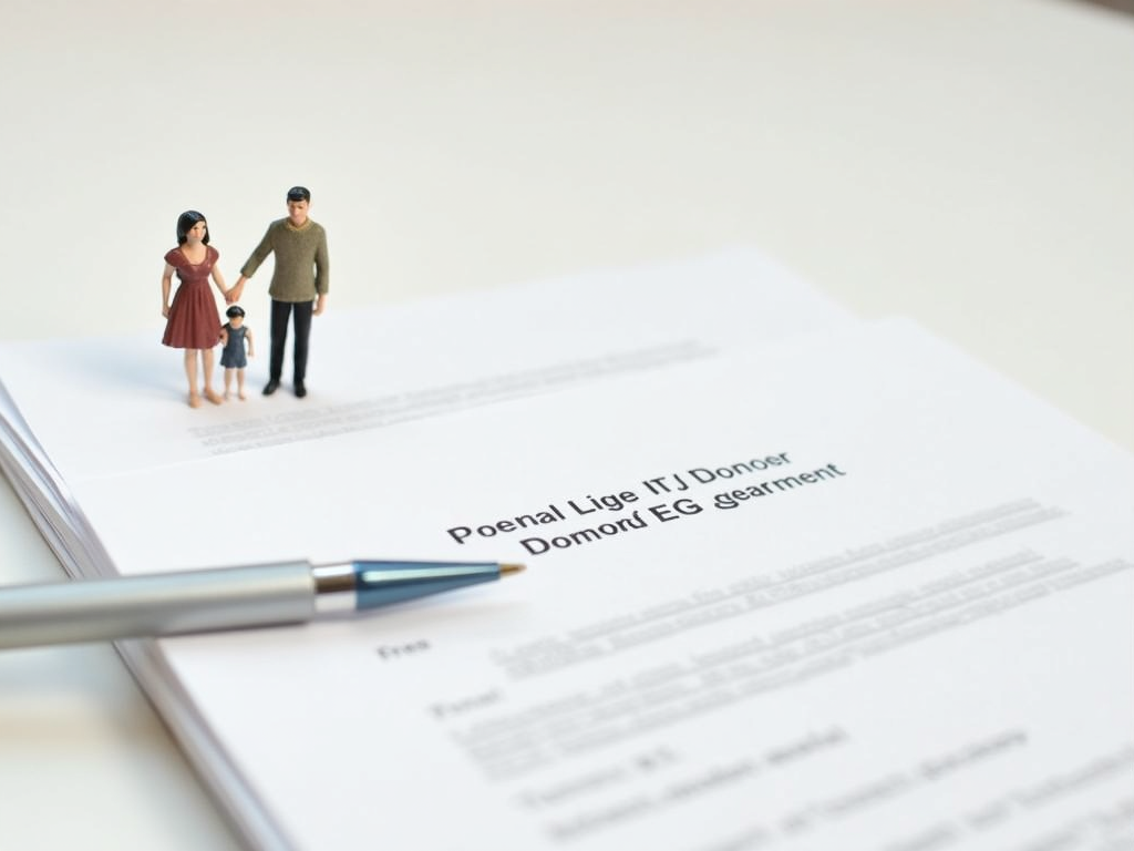 Legal documents and a family figurine representing donor egg IVF agreements.