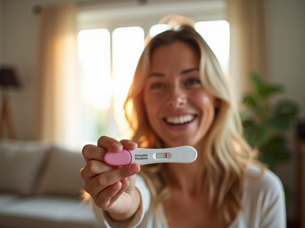 Woman celebrating positive pregnancy test after ovarian stimulation