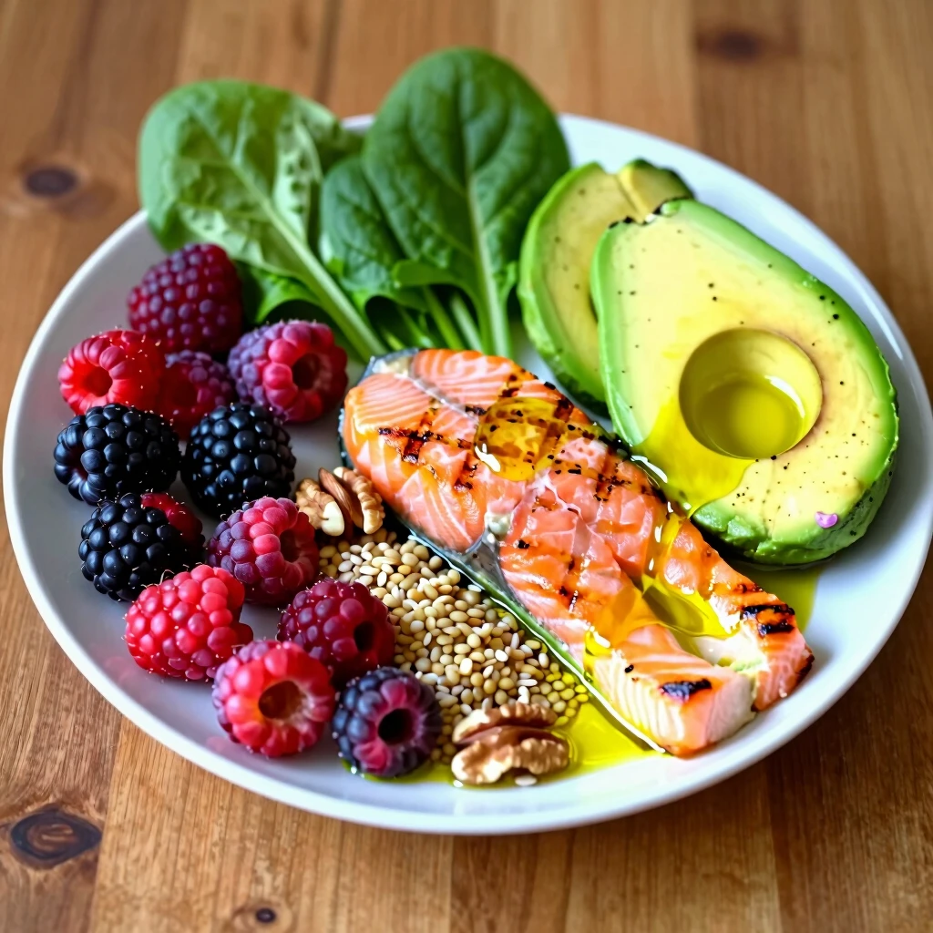 Healthy foods that support female fertility including fruits, vegetables, salmon, and nuts