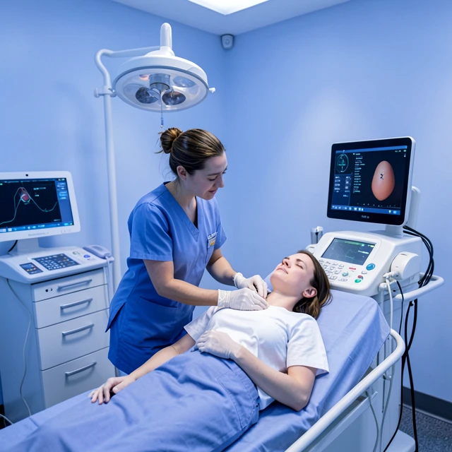 Patient preparing for IVF egg retrieval in a supportive clinic setting