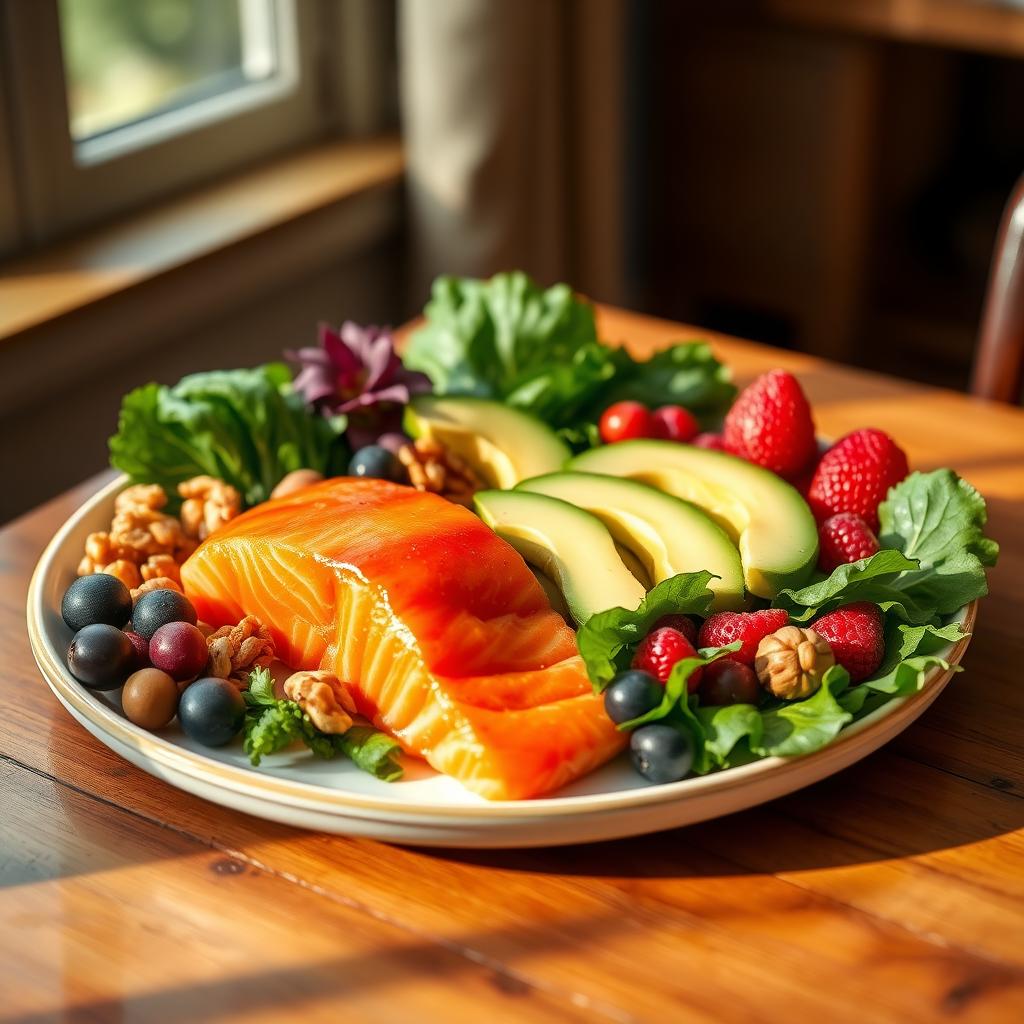 A plate of fertility-friendly foods like salmon, avocado, and berries on a wooden table.