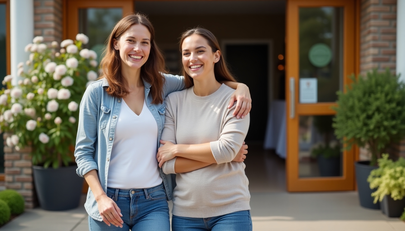 A hopeful-looking couple walking out of a clinic with smiles, symbolizing progress in fertility treatment.