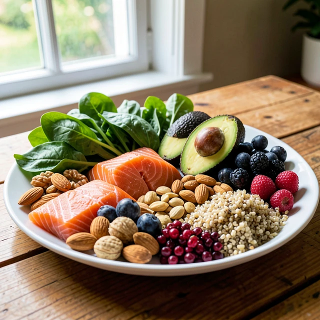 Plate of healthy foods that support fertility