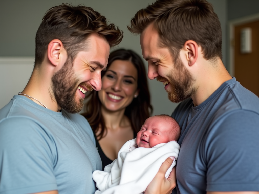 Same-sex couple meeting their baby