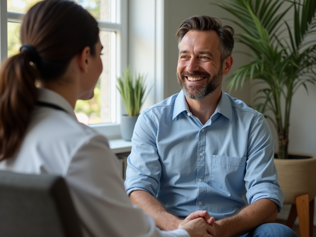 A man discussing sperm freezing options with his doctor, feeling reassured about his future fertility.