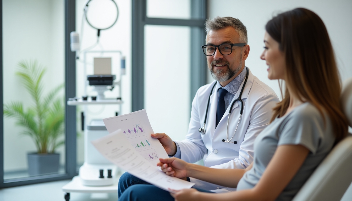 A fertility specialist discussing treatment options with a patient, highlighting the medical side of infertility.