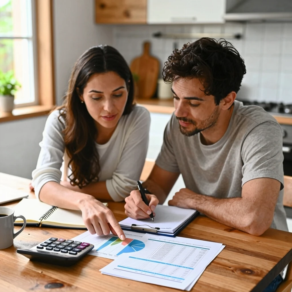 Couple planning their fertility budget at home