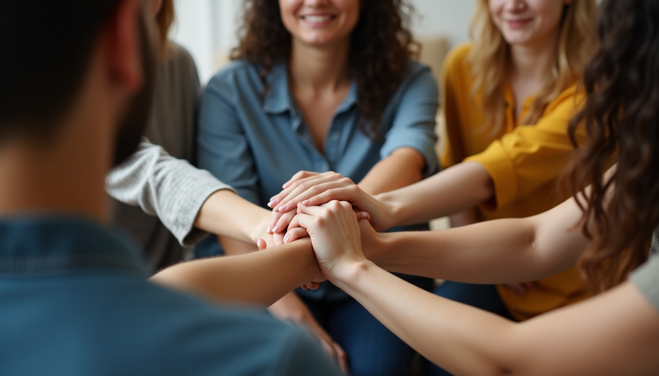 Close-up of a support group session with people holding hands in a circle.