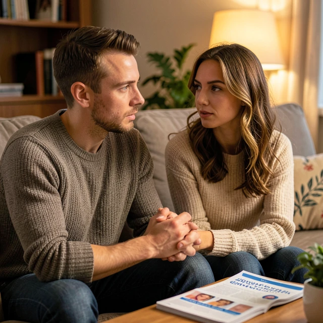 Couple discussing sperm banking options at home