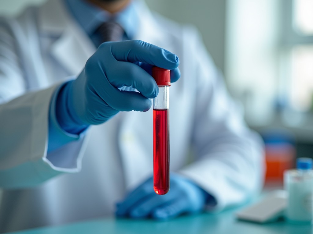 A doctor holding a sample of blood in a test tube, focusing on the medical procedure.