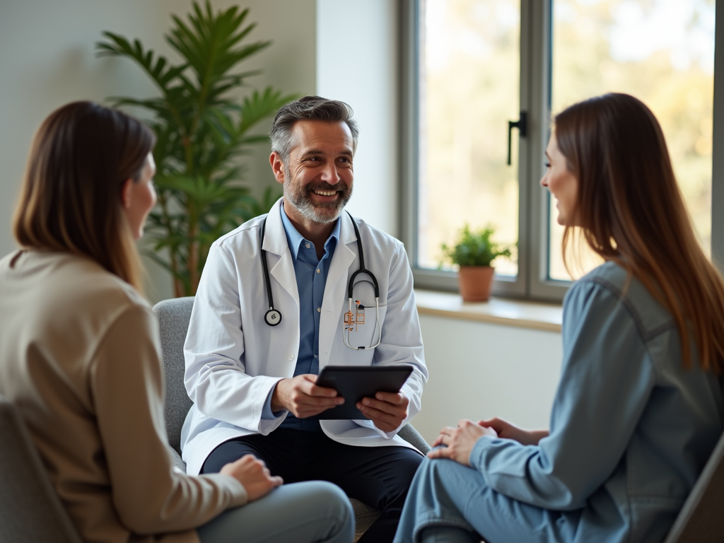 Couple consulting with fertility specialist in a modern clinic