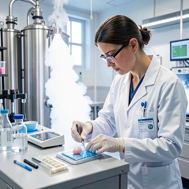 Lab technician managing frozen fertility samples