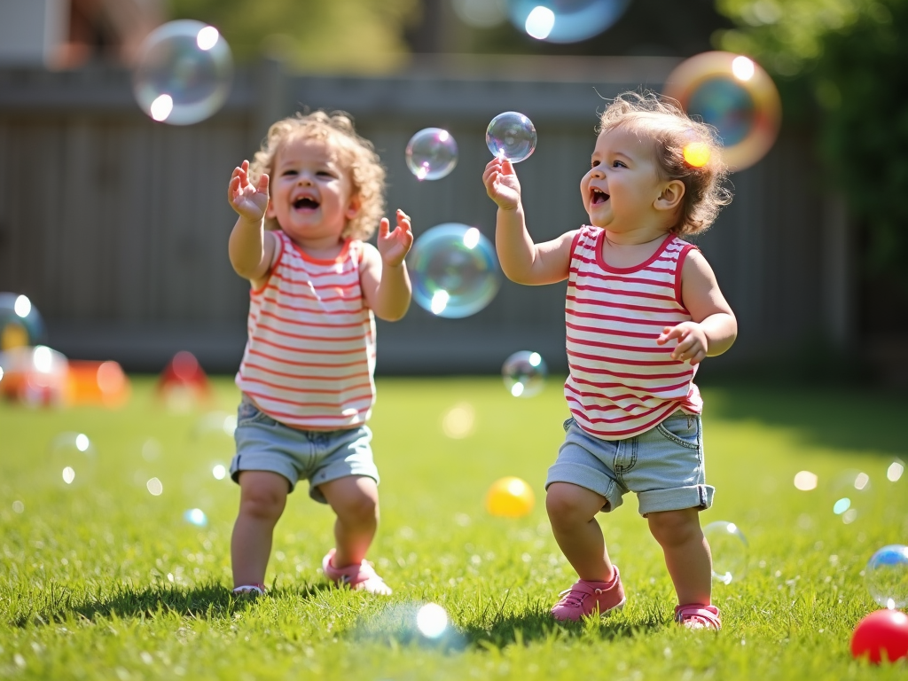 Twin toddlers playing in backyard