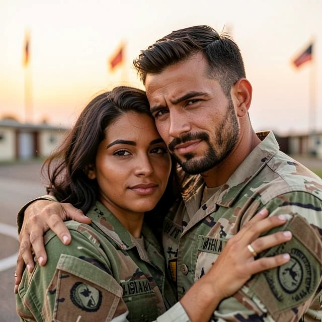 Military husband and wife embracing with hope while coping with infertility