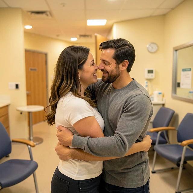 Couple supporting each other at fertility clinic