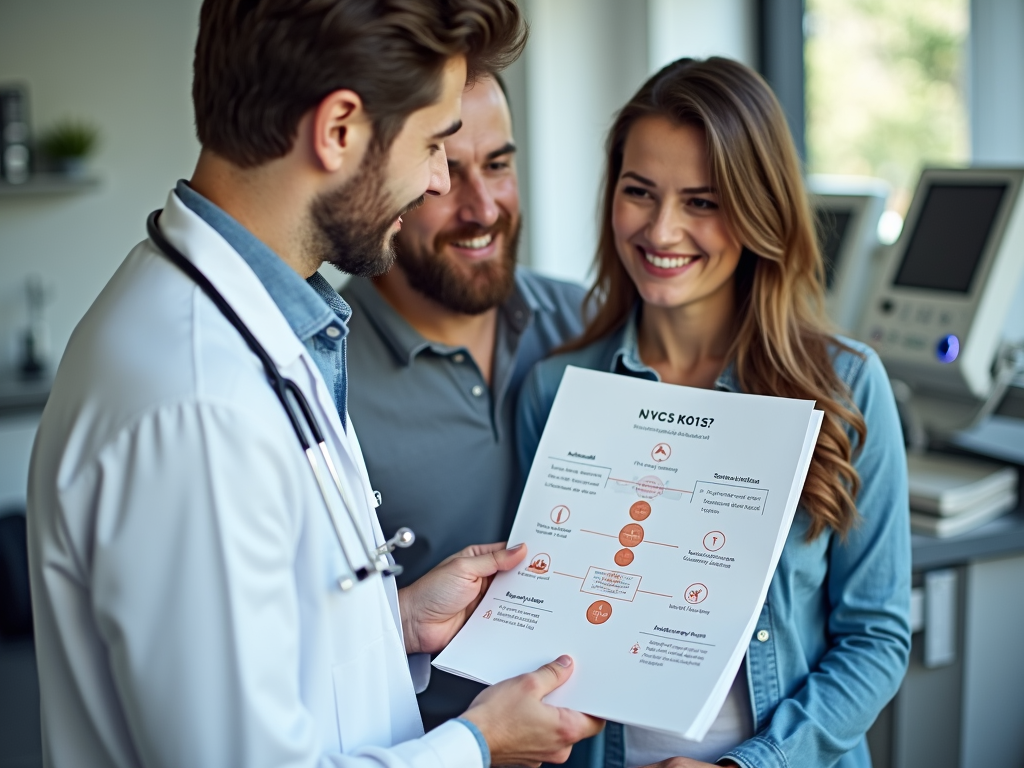Doctor explaining IVF to a couple in a medical lab.