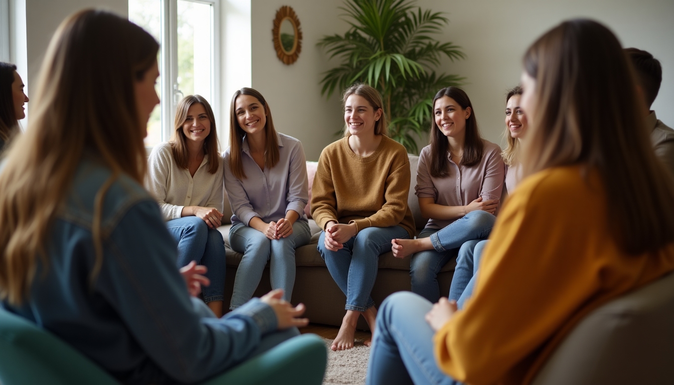 A small group therapy session for individuals in fertility treatments, sharing experiences.