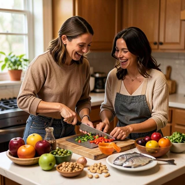 Couple cooking a nutritious fertility-boosting meal together at home