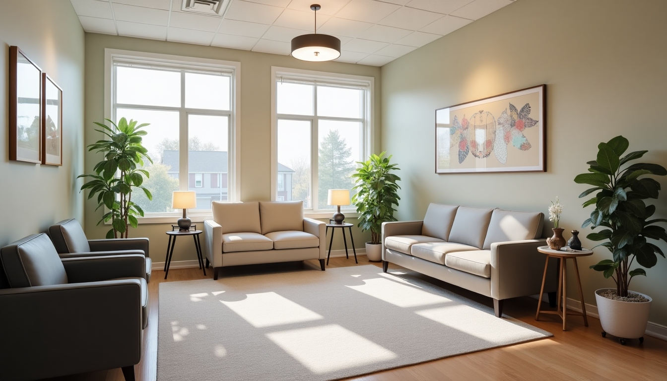 A cozy waiting room in a fertility clinic with informational brochures.