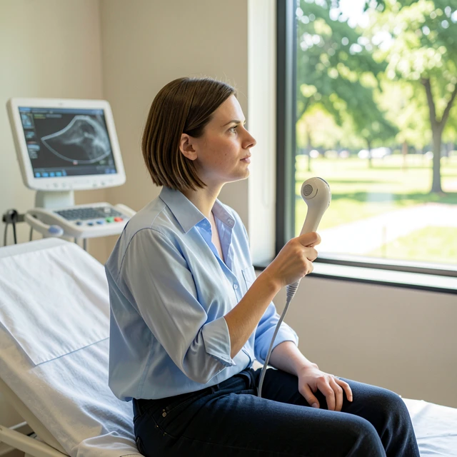 Young woman reflecting in a fertility clinic exam room