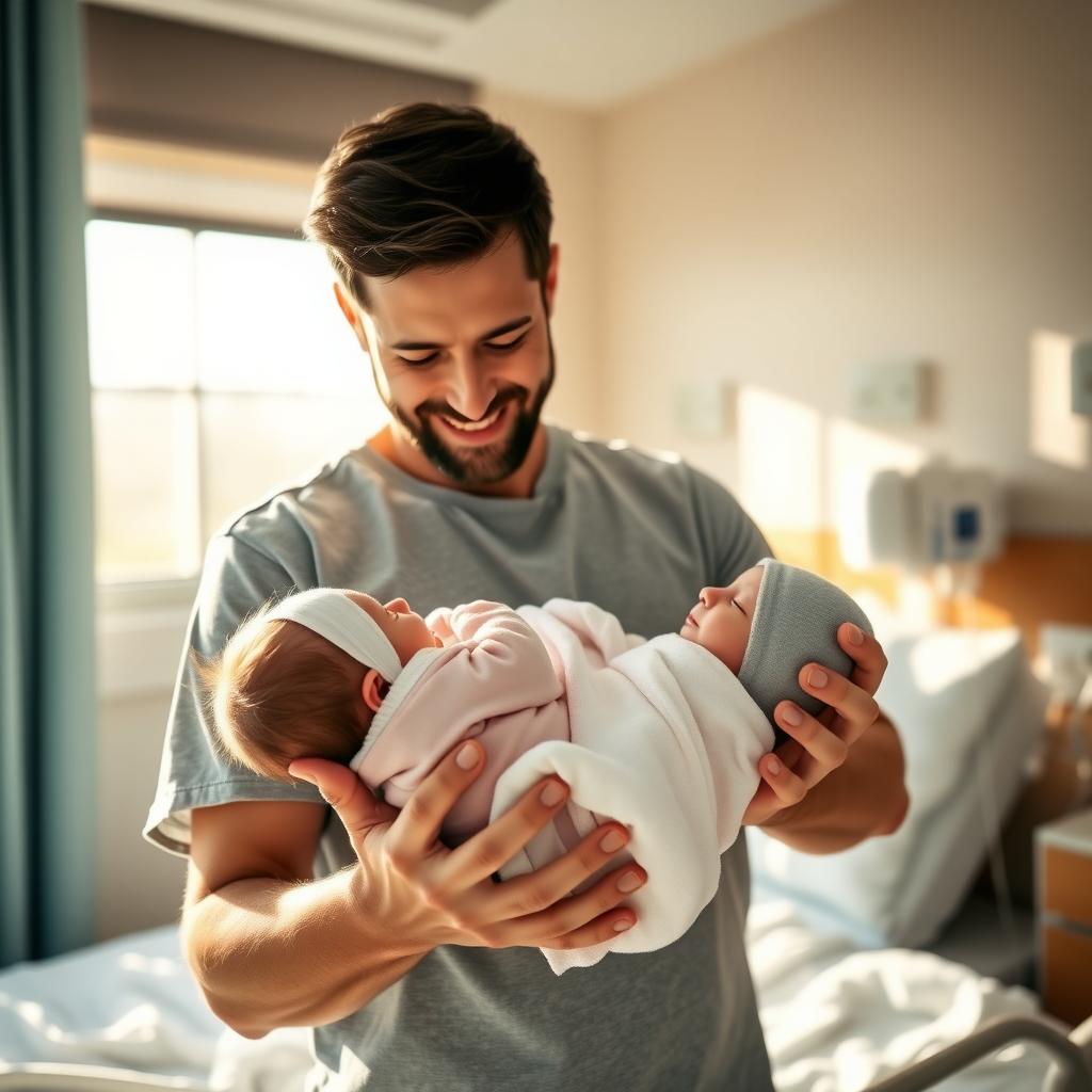 Father holding a newborn baby in a hospital room, filled with joy.