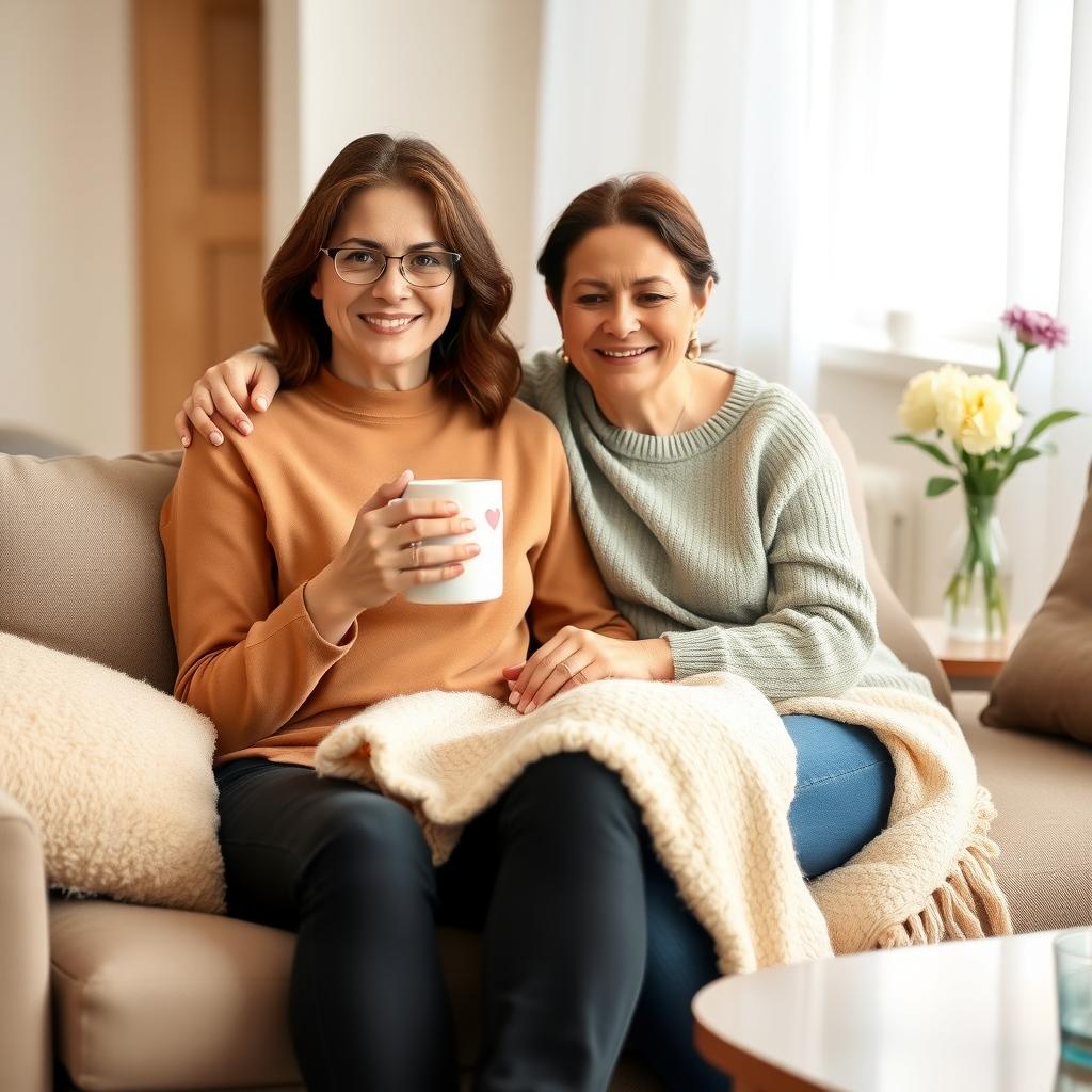 Woman receiving emotional support from a friend on a cozy couch with a warm blanket