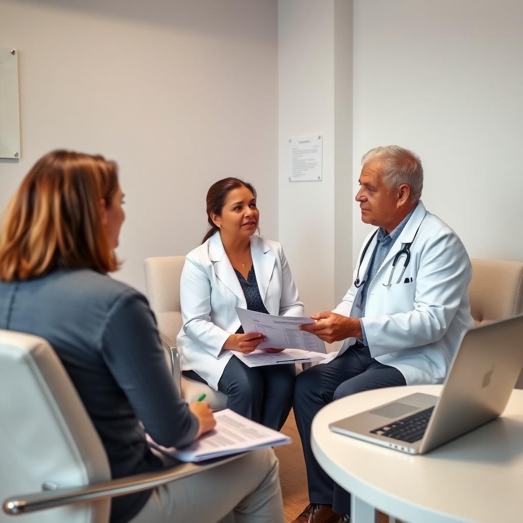 A doctor discussing a treatment plan with a couple in a fertility clinic consultation room.