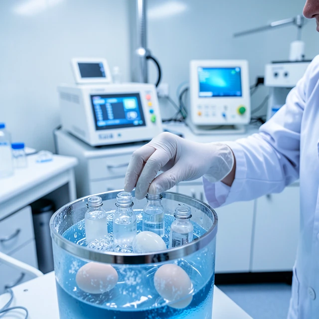 Fertility lab technician performing egg freezing preservation procedure