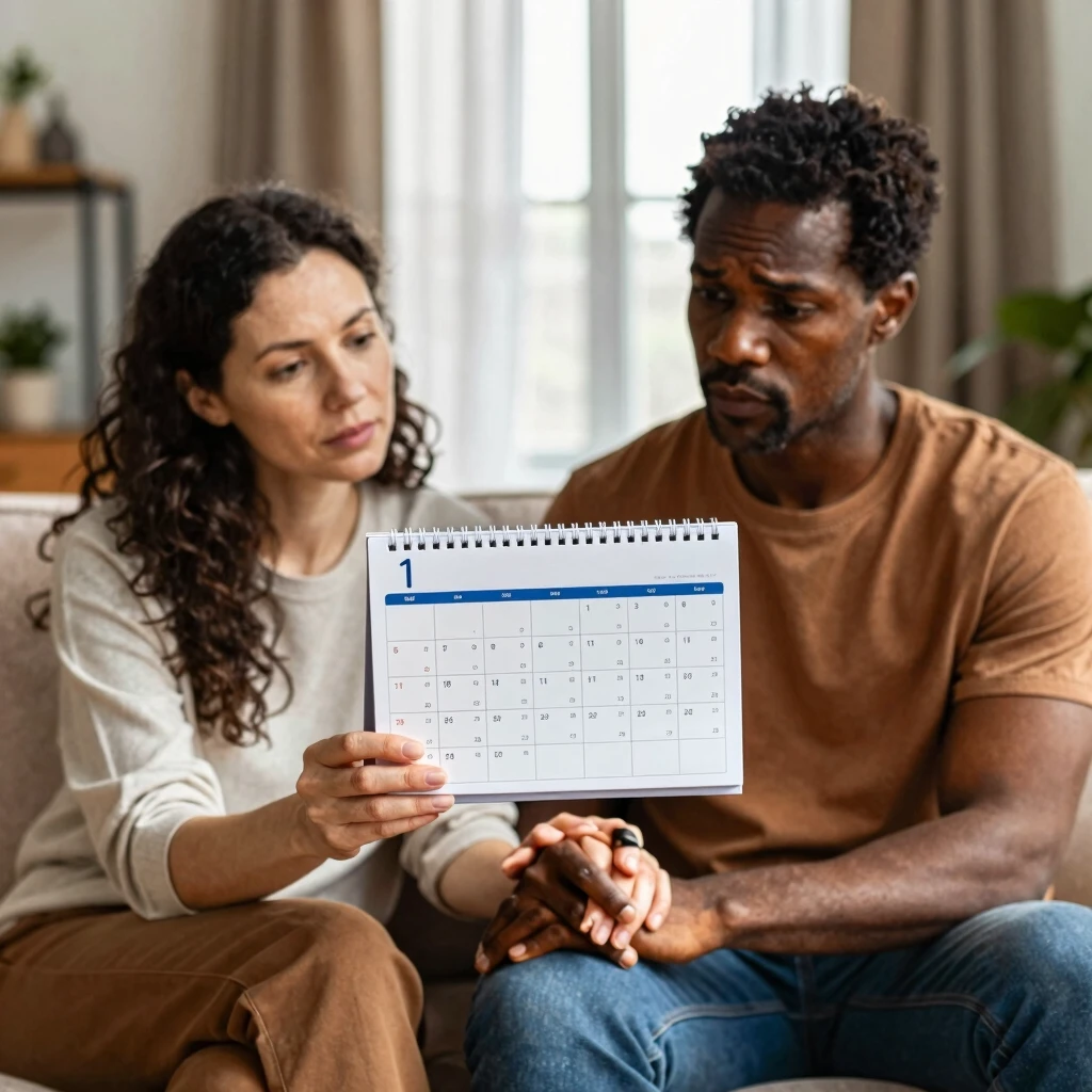 Couple thoughtfully planning their fertility journey at home