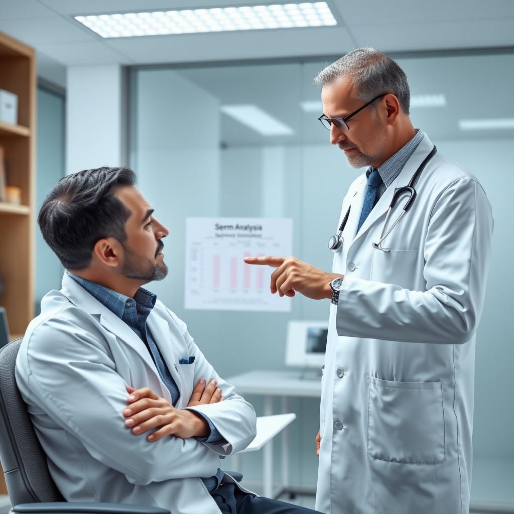 A doctor discussing sperm analysis results with a male patient in a modern medical office.