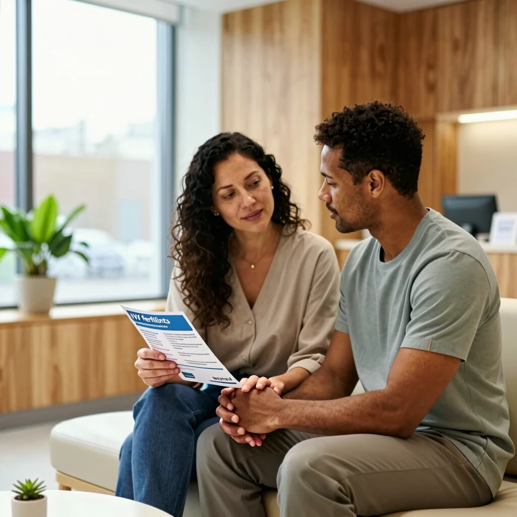 Couple consulting fertility options in a welcoming clinic